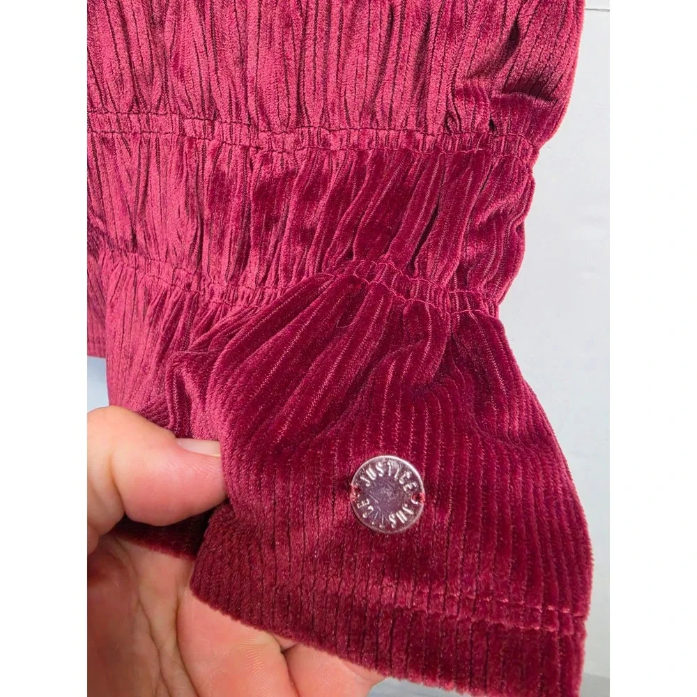 Justice Girls Burgundy Ribbed Velour Smocked Peplum Top Size M 10 Short Sleeve